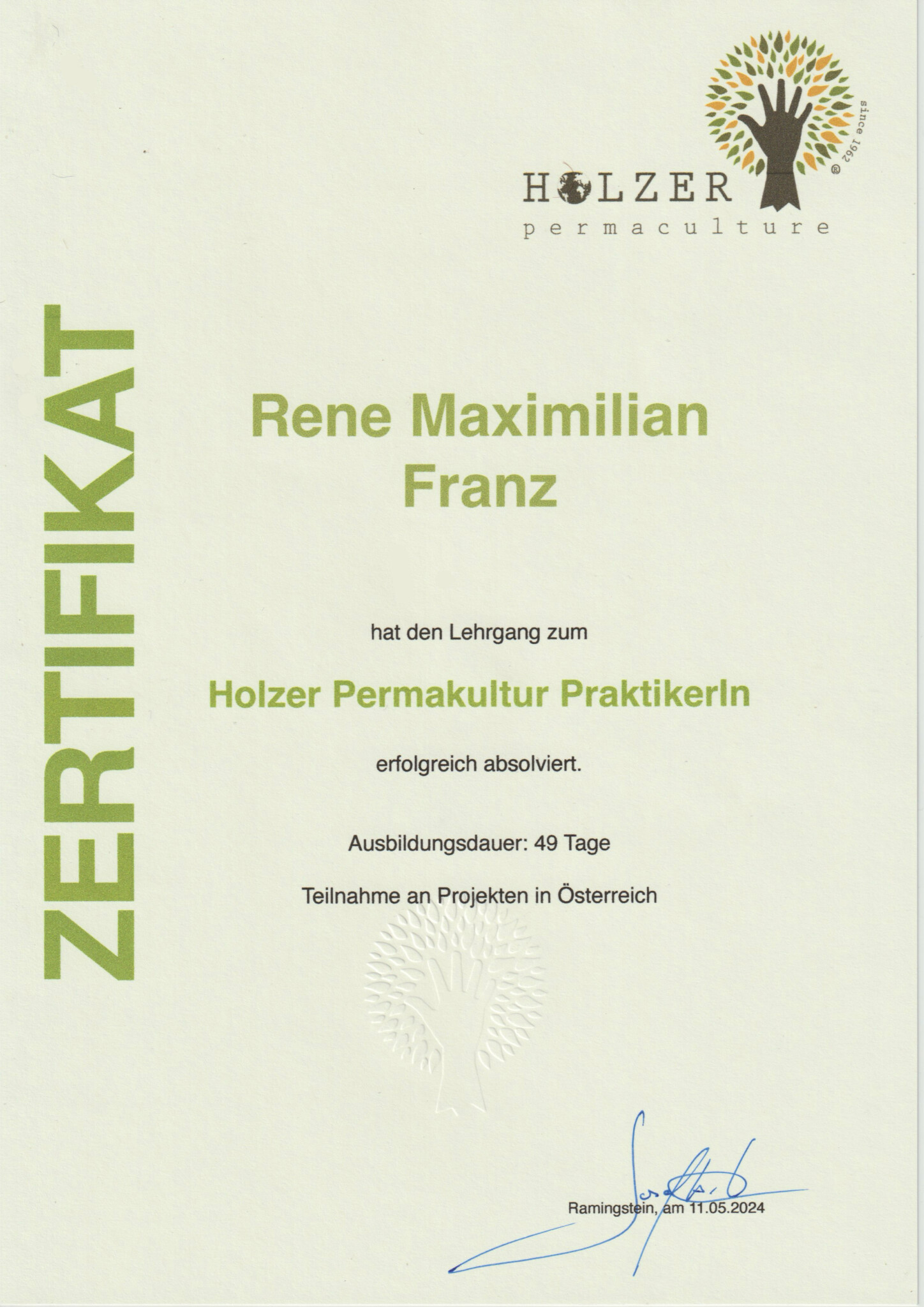Zertifikat Holzer Permakultur-Praktiker