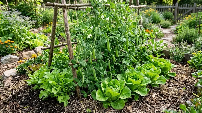Gemüse Mischkultur Erbsen und Salate