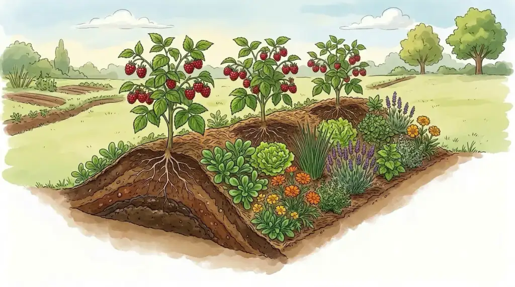 Himbeeren Mischkultur auf Erdwall